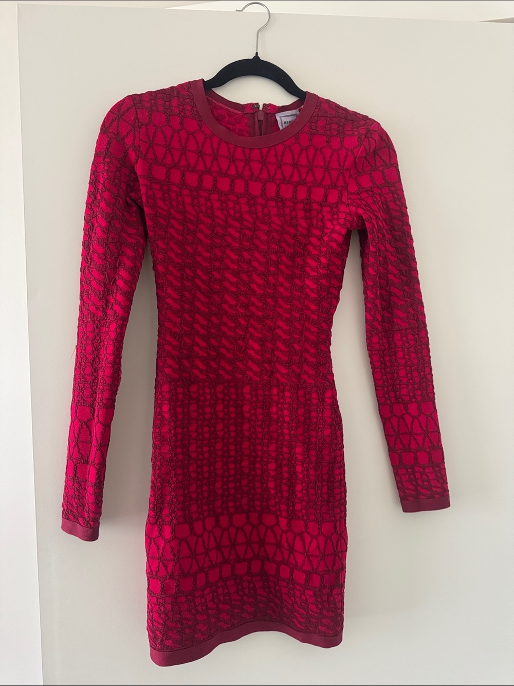 Herve Leger Red Long-Sleeve Textured Bodycon Dress